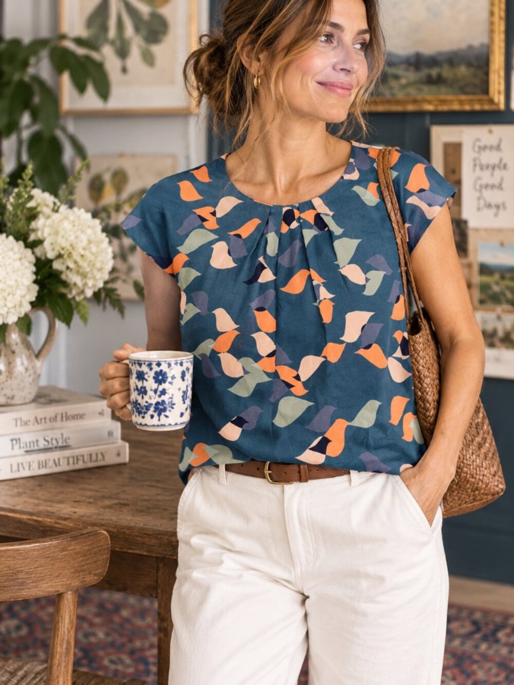 Boden Bird Print Short Sleeve Blouse Size 10 Blue Orange Whimsical